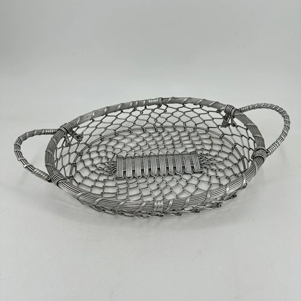 Vintage Style Oval Metal Wire Mesh Basket with Handles Silver Industrial Decor